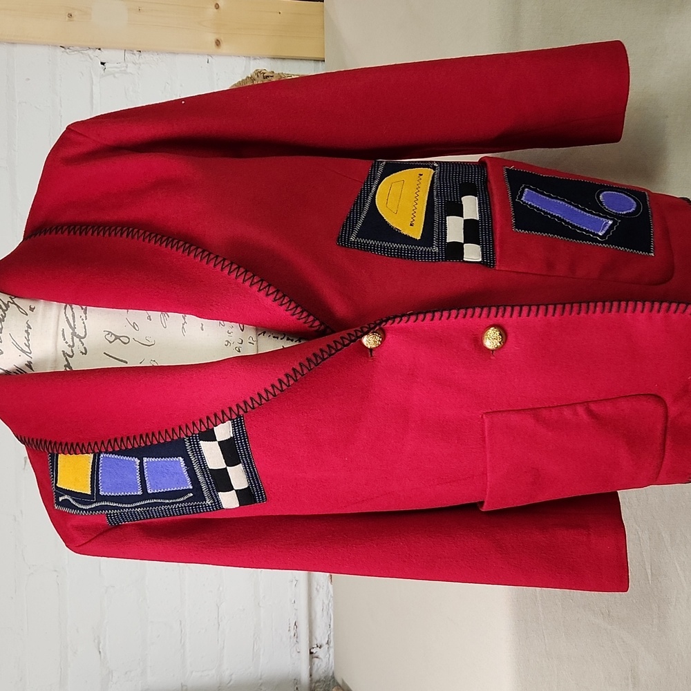 Vintage 80s Red Blazer Jacket - GeometricAbstract Appliqué - Size Small